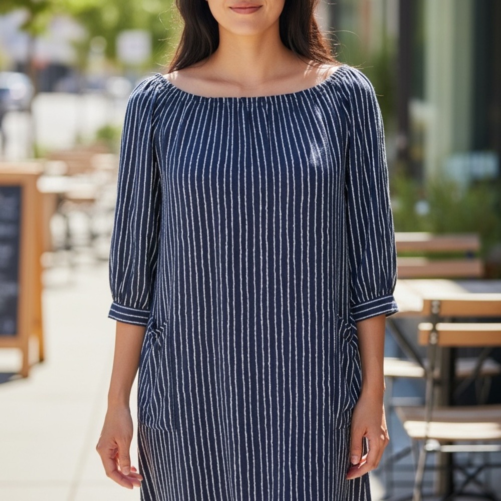 NWT SEVEN ISLANDS NY Women Large navy striped lightweight mini pockets Dress